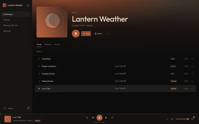 Catalog on a laptop: an artist's catalogue, Songs tab, with five songs and one of them playing in the player at the bottom.