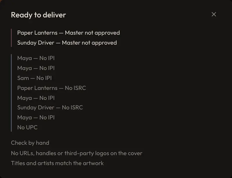 The delivery check of a release: two songs whose master is not approved yet stop the package, and missing codes and writer numbers are listed as warnings.