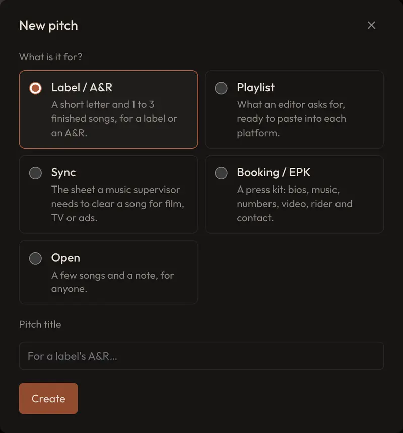 «New pitch» in Catalog: the five kinds of pitch — Label / A&R, Playlist, Sync, Booking / EPK and Open — each with a line about who it is for.