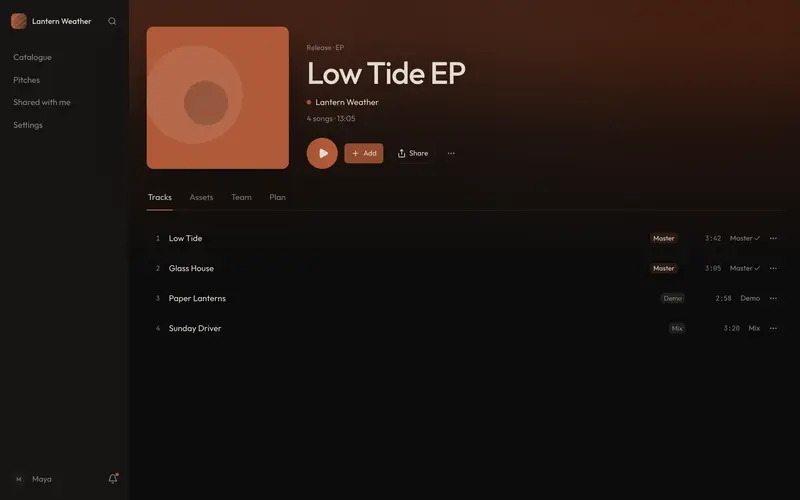 A release page in Catalog: the EP's cover, its artist, and its four tracks with the version of each one that ships.