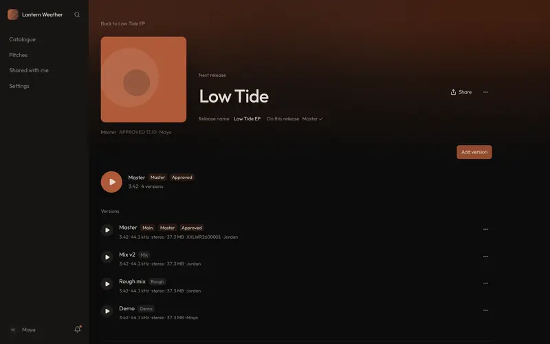 A song in Catalog with its four versions listed: Master (approved), Mix v2, Rough mix and Demo, each with its length, format and who uploaded it.
